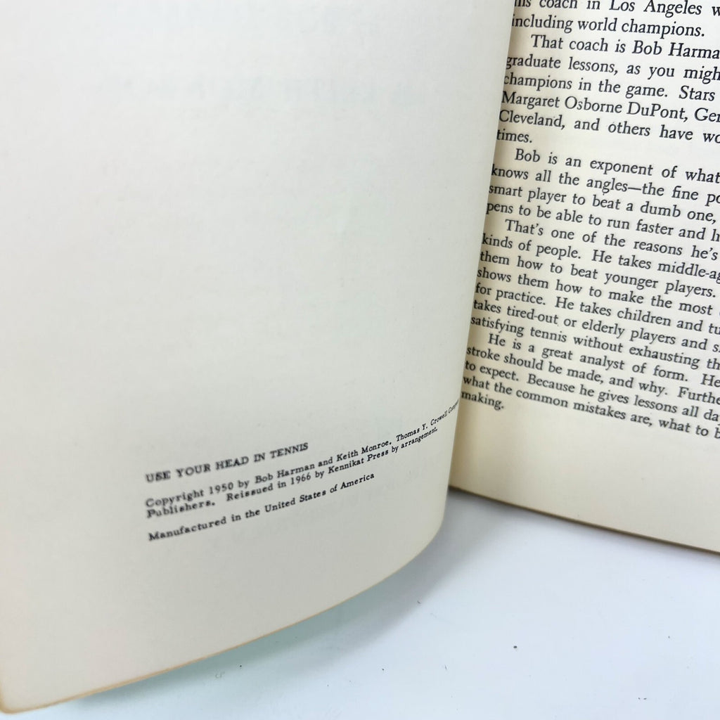 Use your Head In Tennis By Bob Harman Keith Monroe Kennikat Prest Inc. 1966