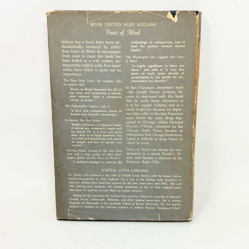 Vintage Peace of Mind Joshua Loth Liebman Hardcover 10th Printing Dust Jacket