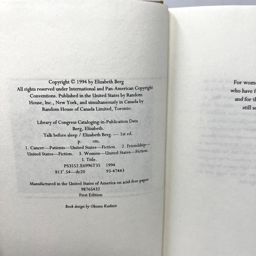 Talk Before Sleep a NovelBy Elizabeth Berg Hardcover No Dust jacket