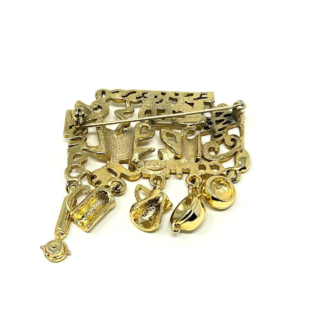 Vintage Charm Brooch Gold Tone Coffe Espresso Iced Joe Java Pin W Dangle Charms