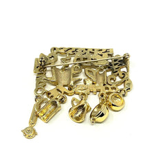 Vintage Charm Brooch Gold Tone Coffe Espresso Iced Joe Java Pin W Dangle Charms