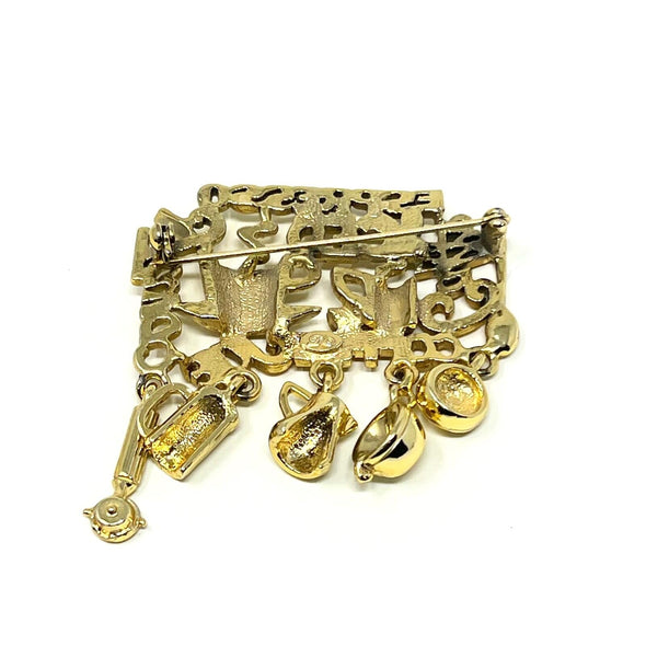 Vintage Charm Brooch Gold Tone Coffe Espresso Iced Joe Java Pin W Dangle Charms