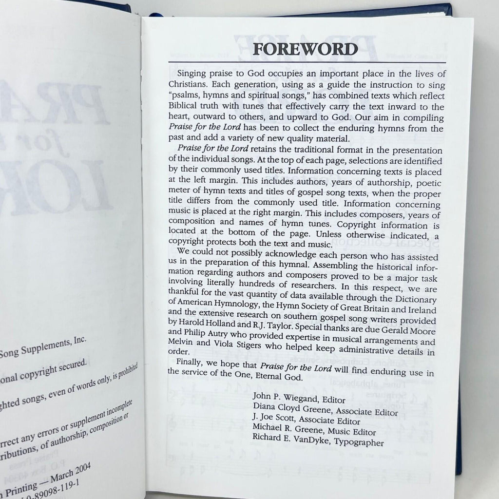 PRAISE FOR THE LORD By John P. Ed. Wiegand - Hardcover