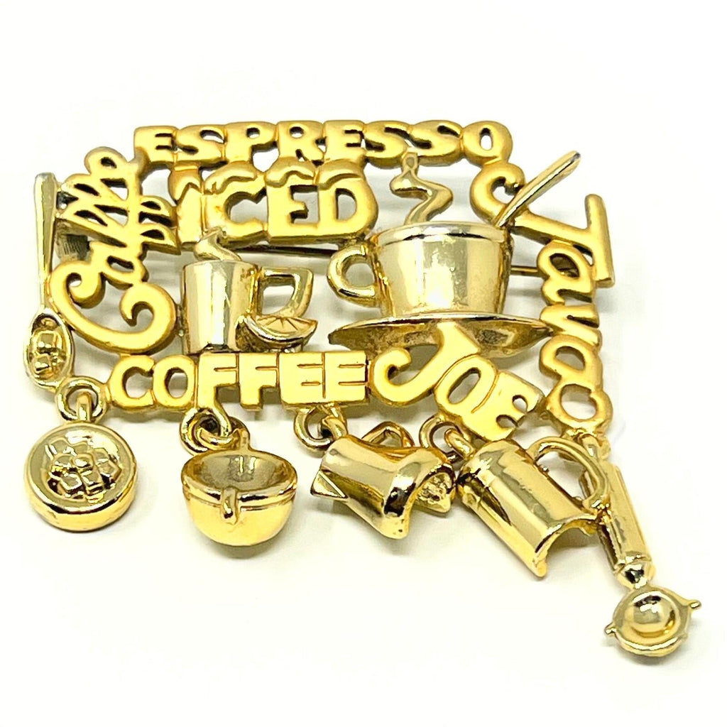 Vintage Charm Brooch Gold Tone Coffe Espresso Iced Joe Java Pin W Dangle Charms