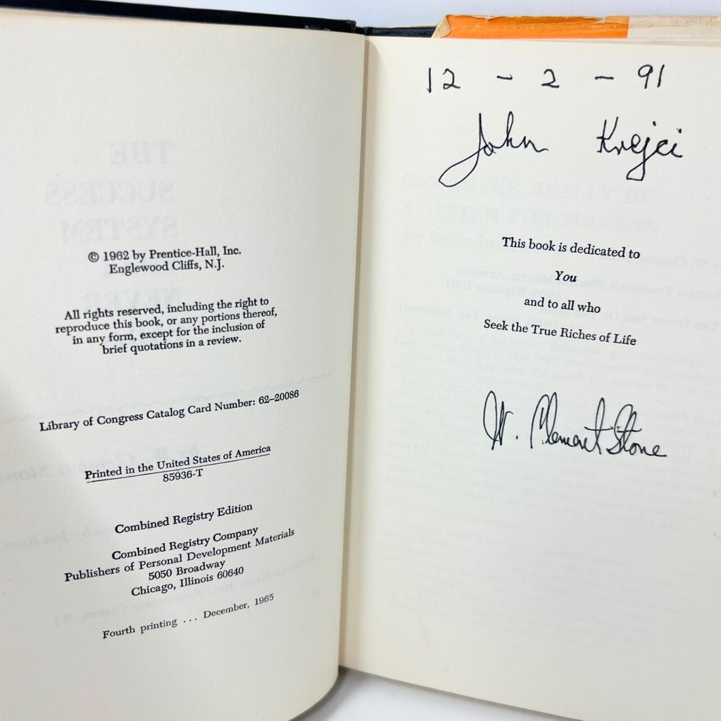 The Success System That Never Fails by W Clement Stone HC DJ 1967 Signed